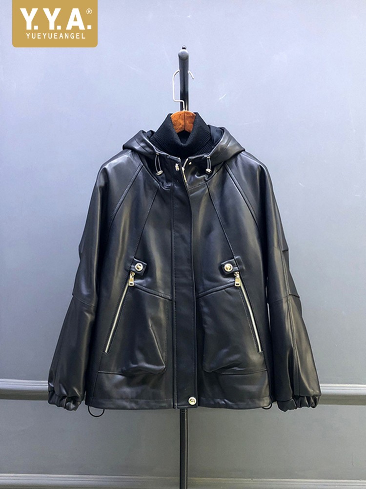 Hot Sale Autumn Women Natural  - đánh giá và giá Leather Work Jacket With Hood
